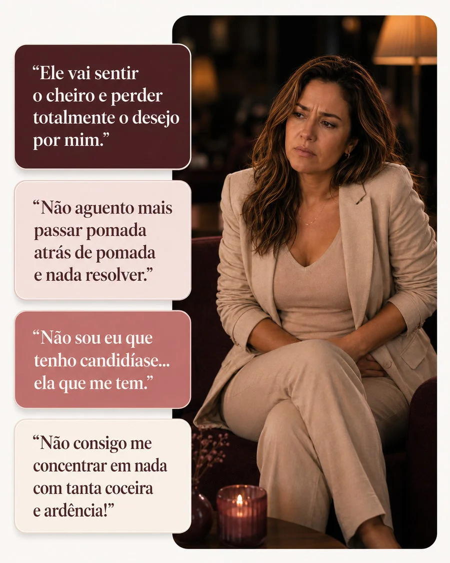 Mulher sentada preocupada com os pensamentos da candidíase recorrente: cheiro, pomadas, desconforto e dificuldade de concentração.