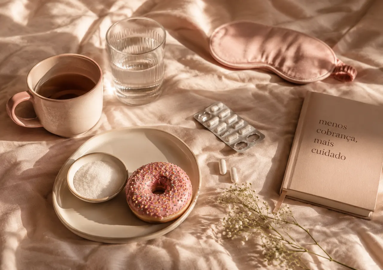 Cama com lençol rosado iluminado pelo sol: xícara de chá, copo de água, prato com donut rosa e açúcar, cartela de antibióticos, máscara de dormir e caderno com a frase 'menos cobrança, mais cuidado' — gatilhos comuns da candidíase recorrente