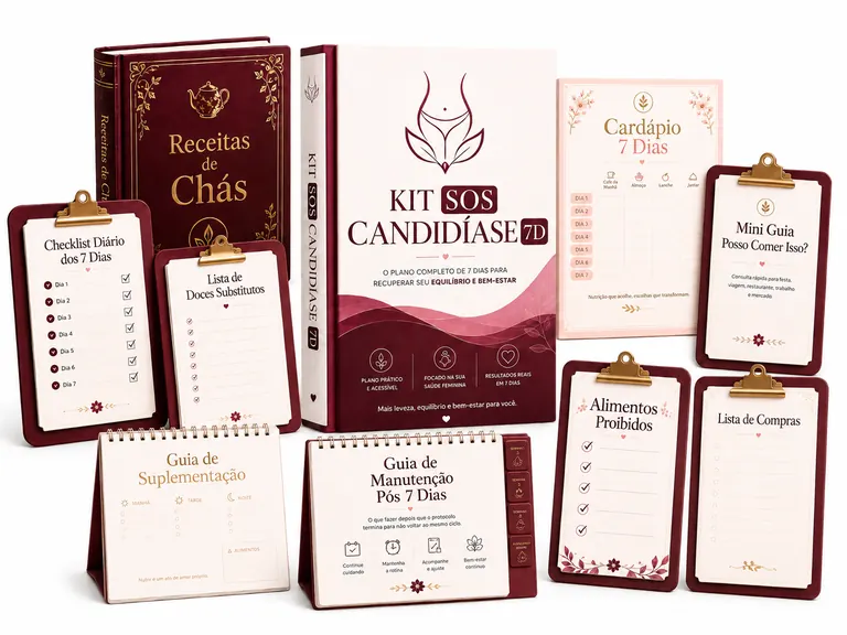 Mockup do Kit SOS Candidíase 7D — todos os materiais inclusos